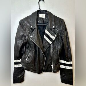 Walter Baker Womens Striped Long Sleeve Leather Cropped Moto Jacket Black Size S
